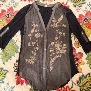Anthropologie Chambray Blue Embroidered Top